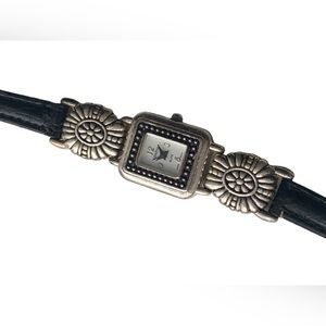 GENEVA Antiqued Silver Black Band Watch Brighton Look-A-Like Woman’s Watch